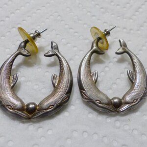 Vintage Sterling Kissing Dolphins Hoop Earrings